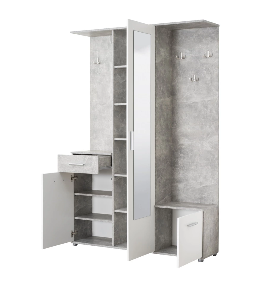 MOBILE DA INGRESSO "BARCELLONA" CON SPECCHIO, CASSETTI E APPENDIABITI BIANCO E CEMENTO, 133X33X197 CM